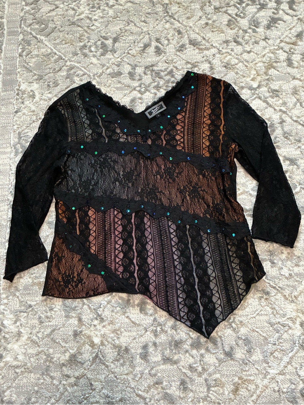 Y2K Black Lace Sequin top Large Sheer Asymmetrical Hem party going out Coquette
